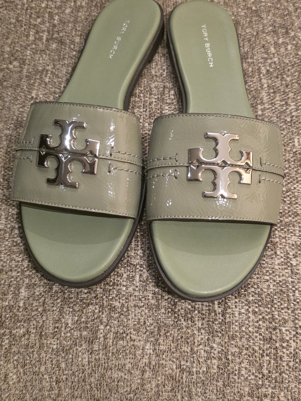 Tory Burch Sage Patent Logo Slide Sandals